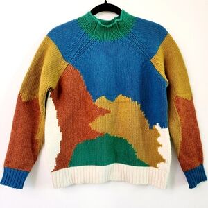 Zara Abstract Colorblock Mockneck Wool Blend Sweater